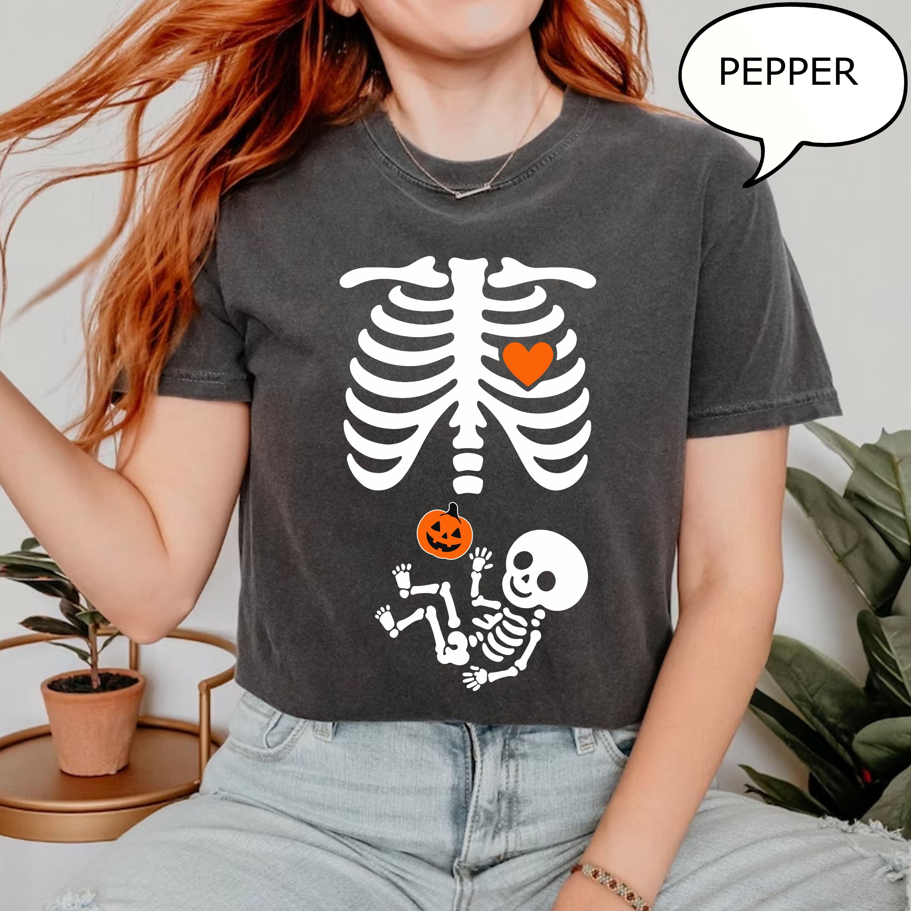 Comfort Colors® Skeleton Halloween Maternity T-Shirt, Skeleton Pregnant Shirt, Pregnant Halloween Shirt, Pregnancy Announcement T-Shirt