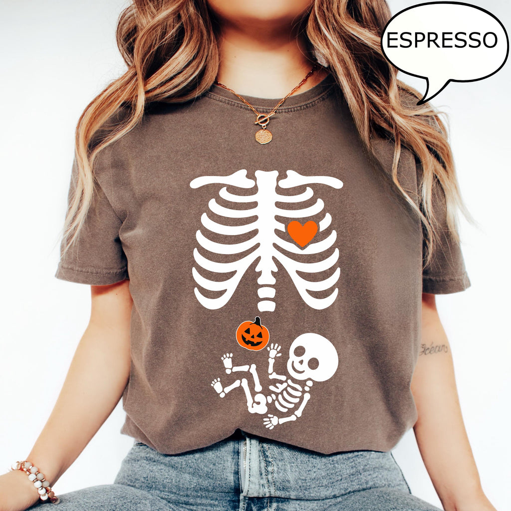 Comfort Colors® Skeleton Halloween Maternity T-Shirt, Skeleton Pregnant Shirt, Pregnant Halloween Shirt, Pregnancy Announcement T-Shirt