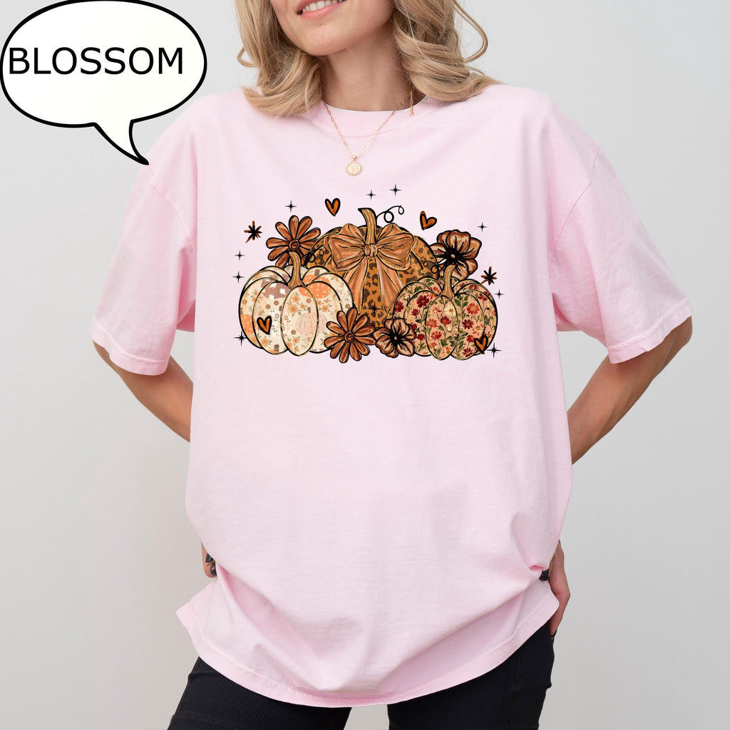 Comfort Colors® Floral Pumpkin T-Shirt, Coquette Bow Pumpkin Shirt, Autumn Shirt