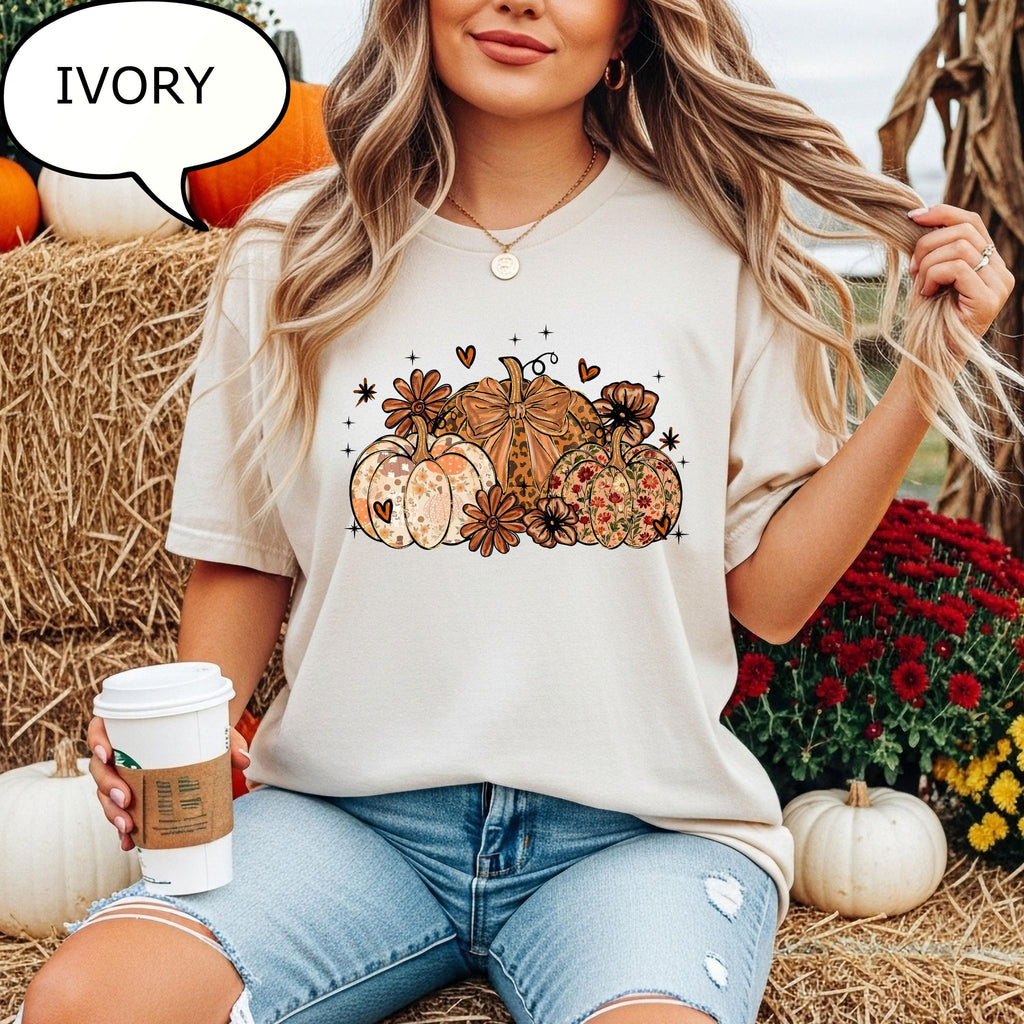 Comfort Colors® Floral Pumpkin T-Shirt, Coquette Bow Pumpkin Shirt, Autumn Shirt