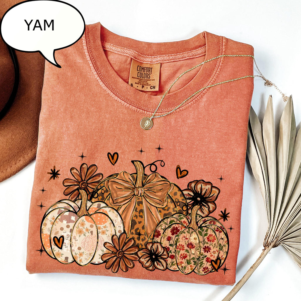 Comfort Colors® Floral Pumpkin T-Shirt, Coquette Bow Pumpkin Shirt, Autumn Shirt