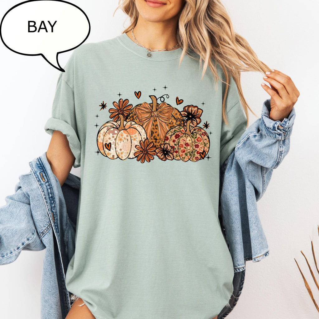 Comfort Colors® Floral Pumpkin T-Shirt, Coquette Bow Pumpkin Shirt, Autumn Shirt