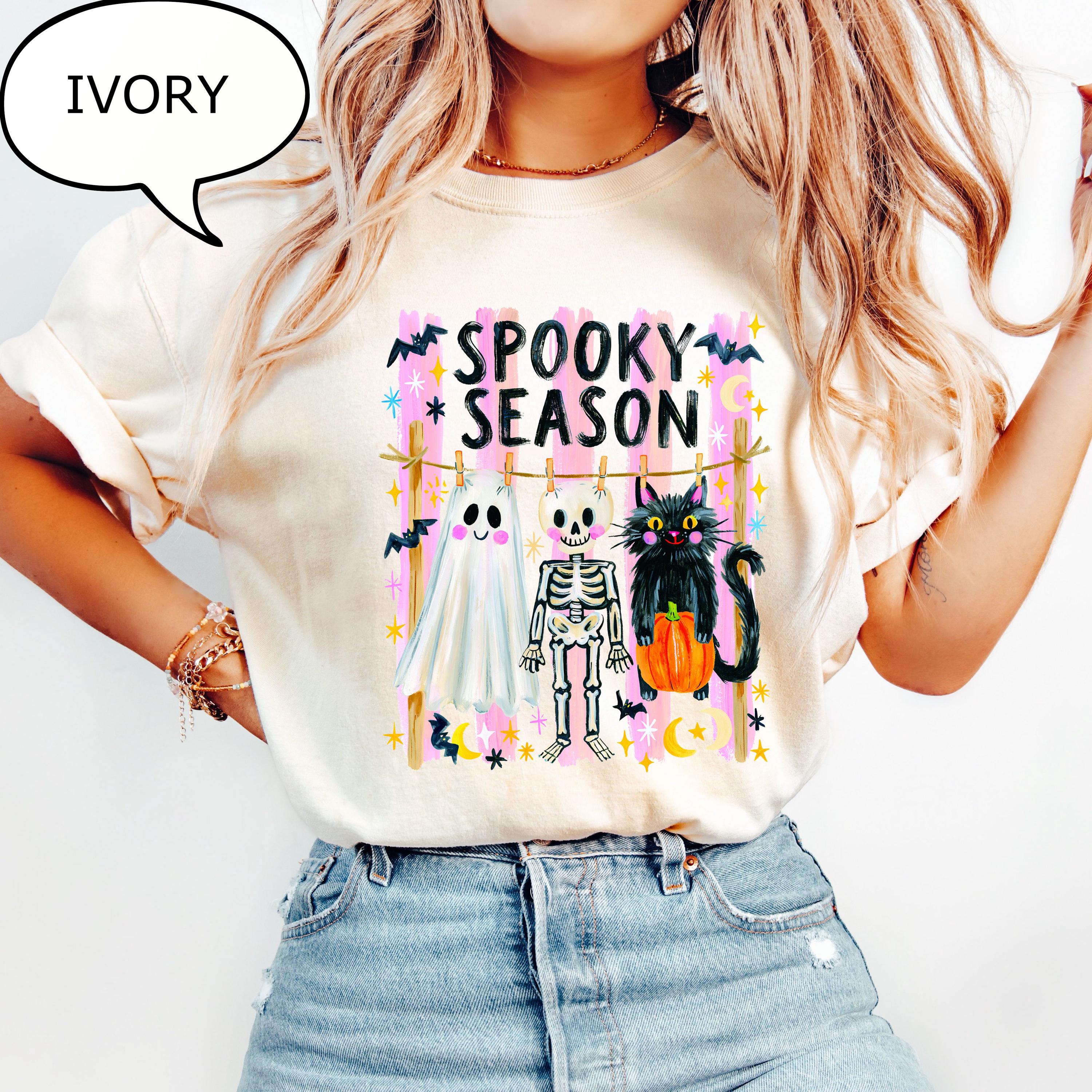 Comfort Colors® Spooky Season T-Shirt, Halloween Ghost And Cat Shirt, Skeleton Shirt