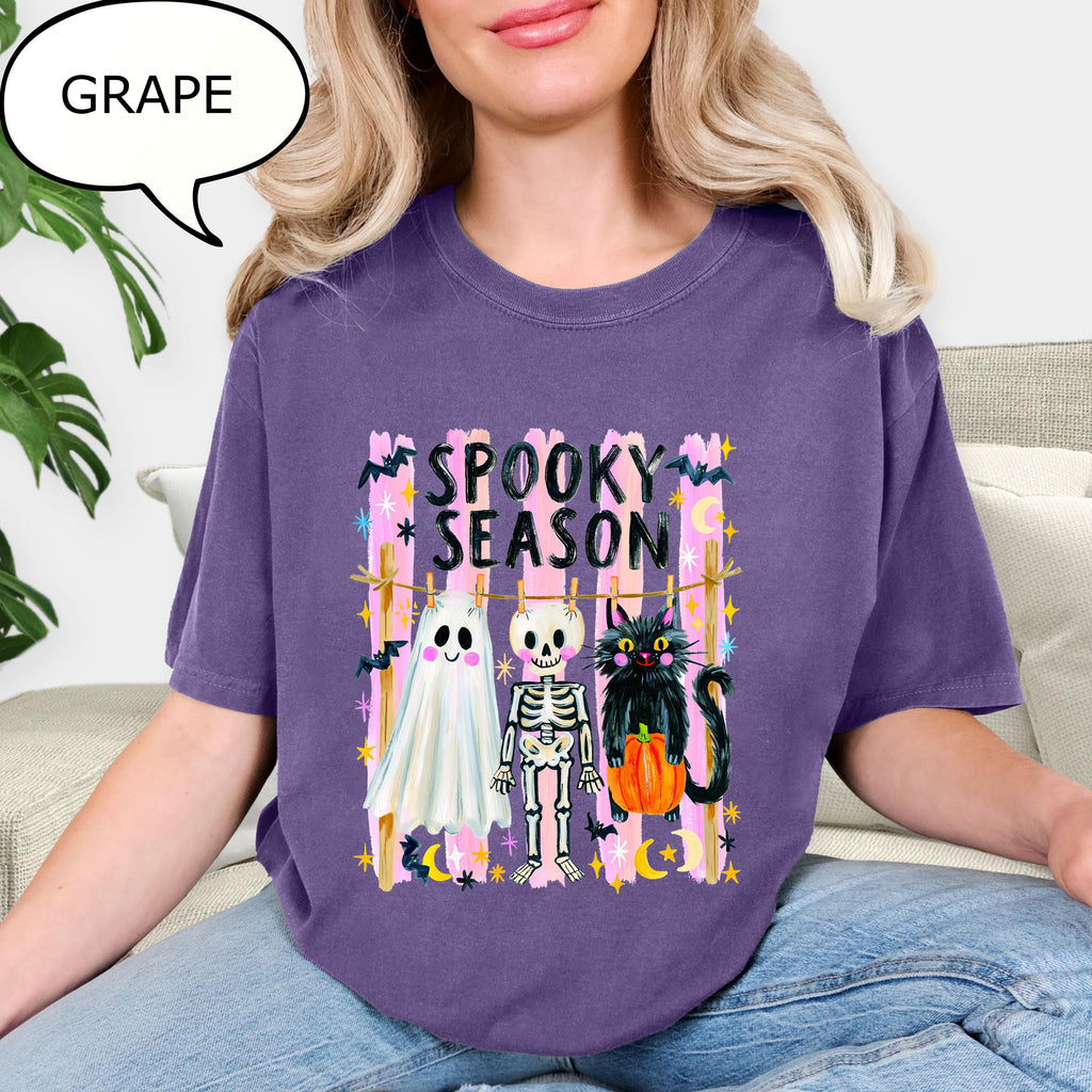 Comfort Colors® Spooky Season T-Shirt, Halloween Ghost And Cat Shirt, Skeleton Shirt