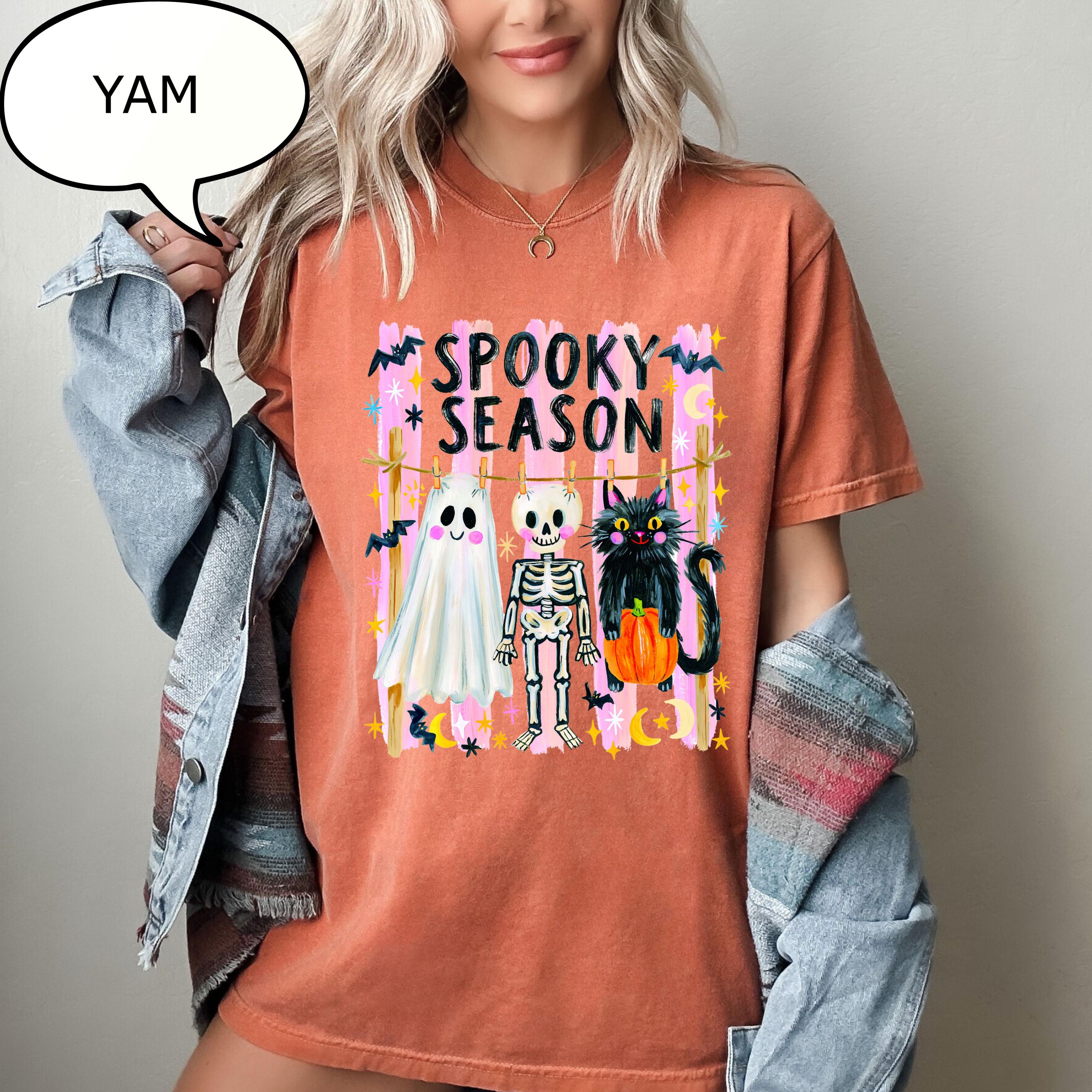 Comfort Colors® Spooky Season T-Shirt, Halloween Ghost And Cat Shirt, Skeleton Shirt