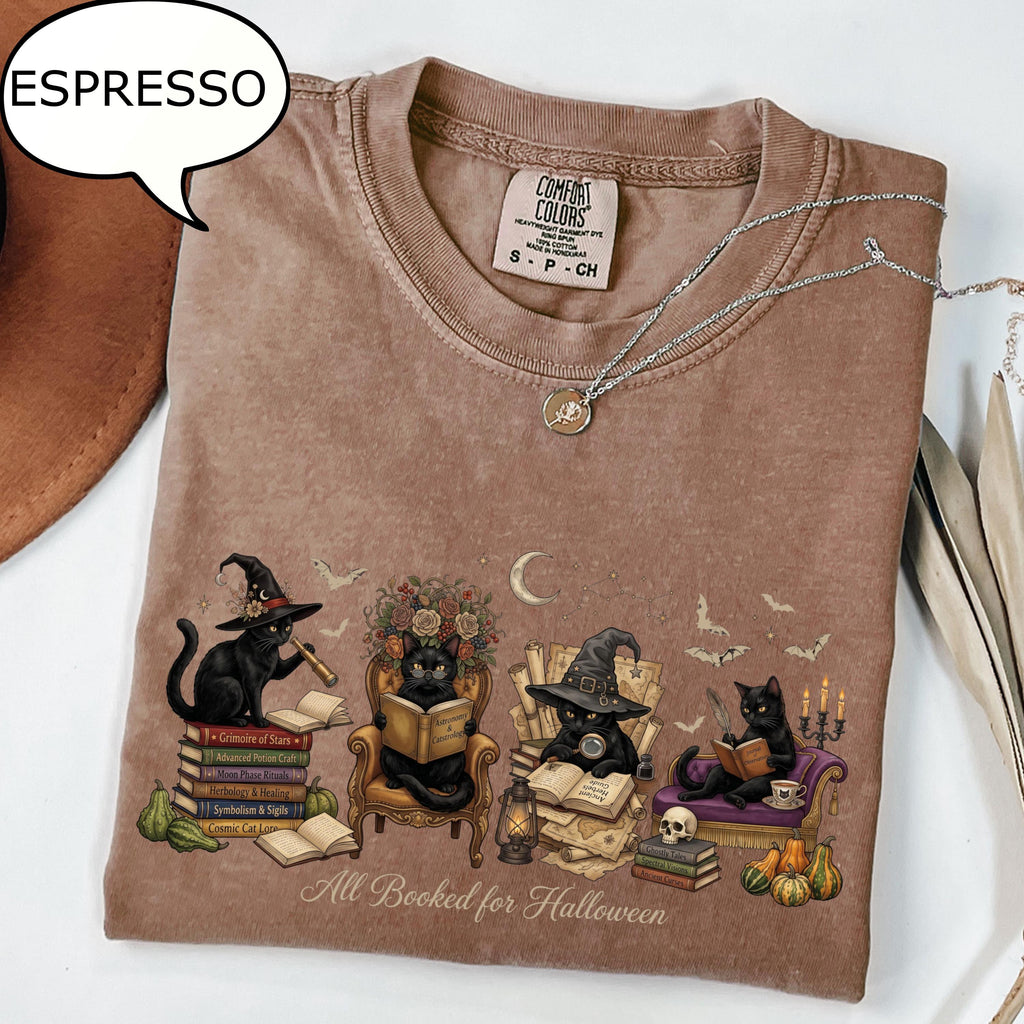 Comfort Colors® All Booked For Halloween T-Shirt, Cat Reading Book Shirt, Teacher Halloween Tee