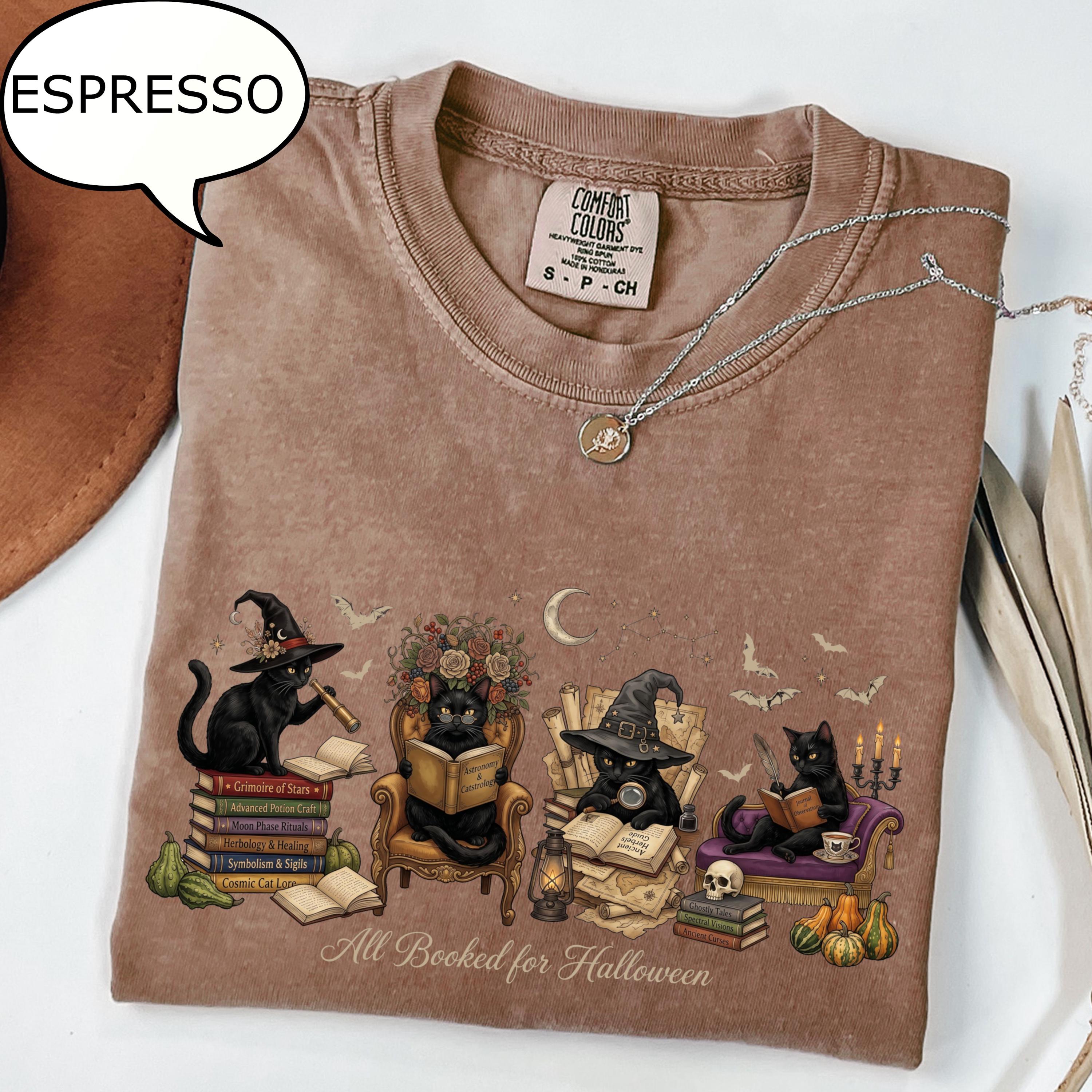 Comfort Colors® All Booked For Halloween T-Shirt, Cat Reading Book Shirt, Teacher Halloween Tee