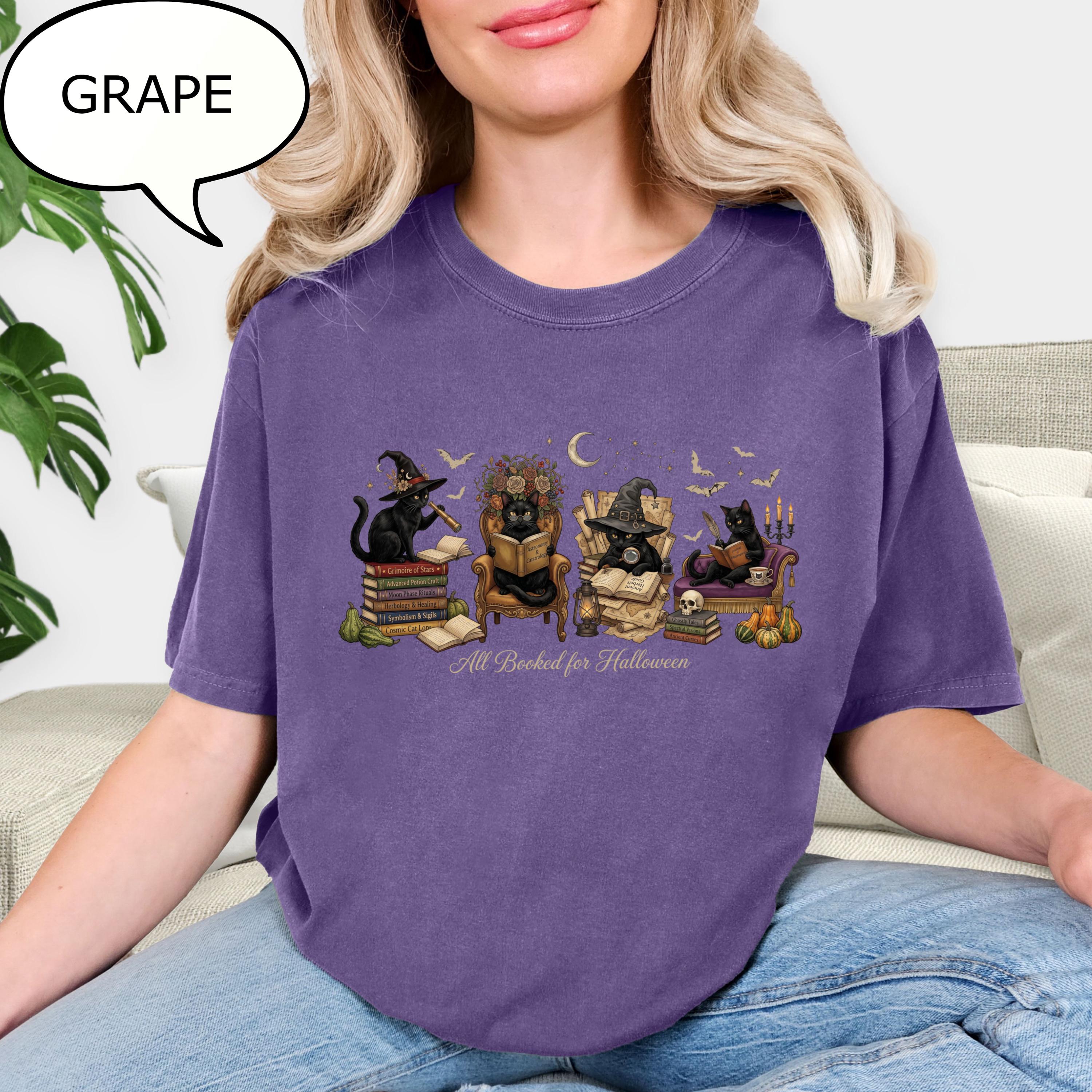 Comfort Colors® All Booked For Halloween T-Shirt, Cat Reading Book Shirt, Teacher Halloween Tee