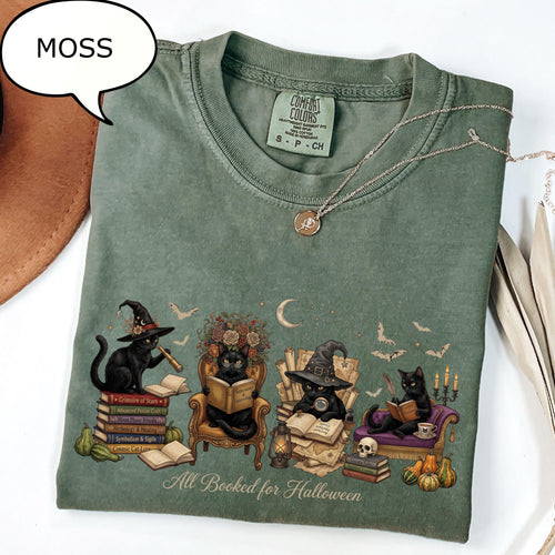 Comfort Colors® All Booked For Halloween T-Shirt, Cat Reading Book Shirt, Teacher Halloween Tee