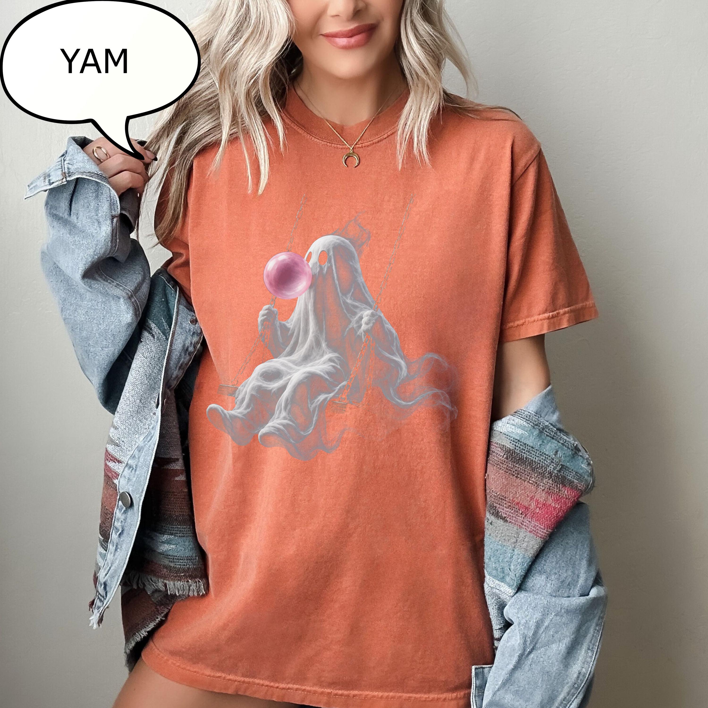 Comfort Colors® Ghost Swinging T-Shirt, Pink Bubble Halloween Tee, Spooky Ghost Shirt