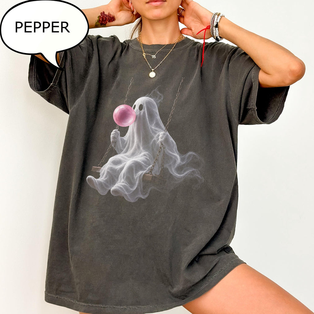 Comfort Colors® Ghost Swinging T-Shirt, Pink Bubble Halloween Tee, Spooky Ghost Shirt