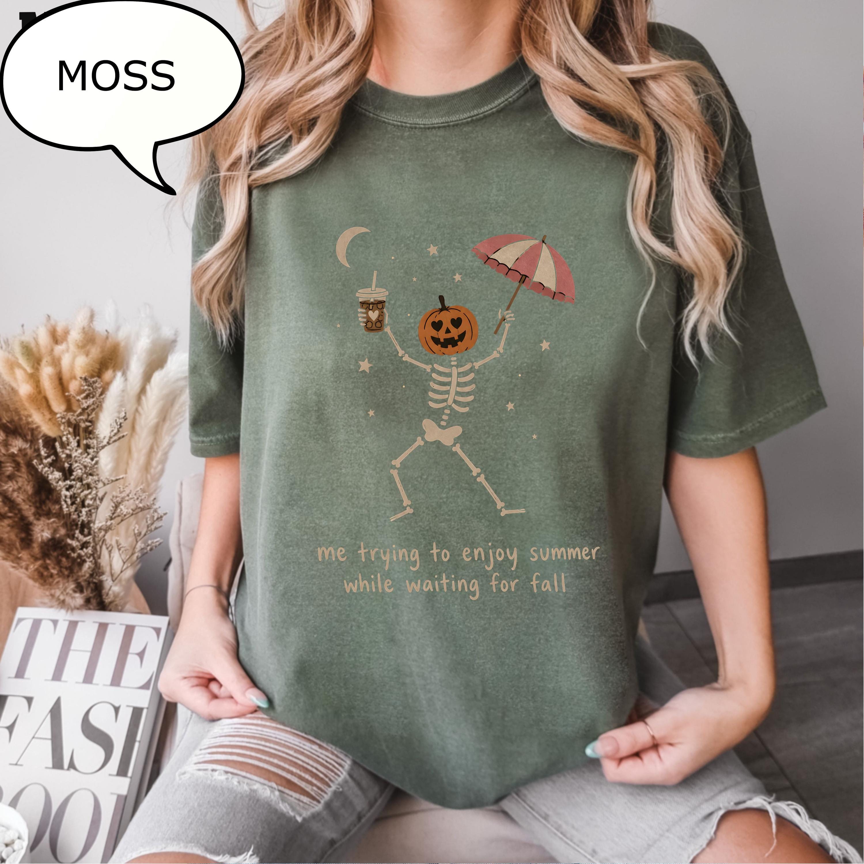 Comfort Colors® Me trying to enjoy summer while waiting for fall T-Shirt, Dancing Skeleton Shirt, Pumpkin Skeleton Tee