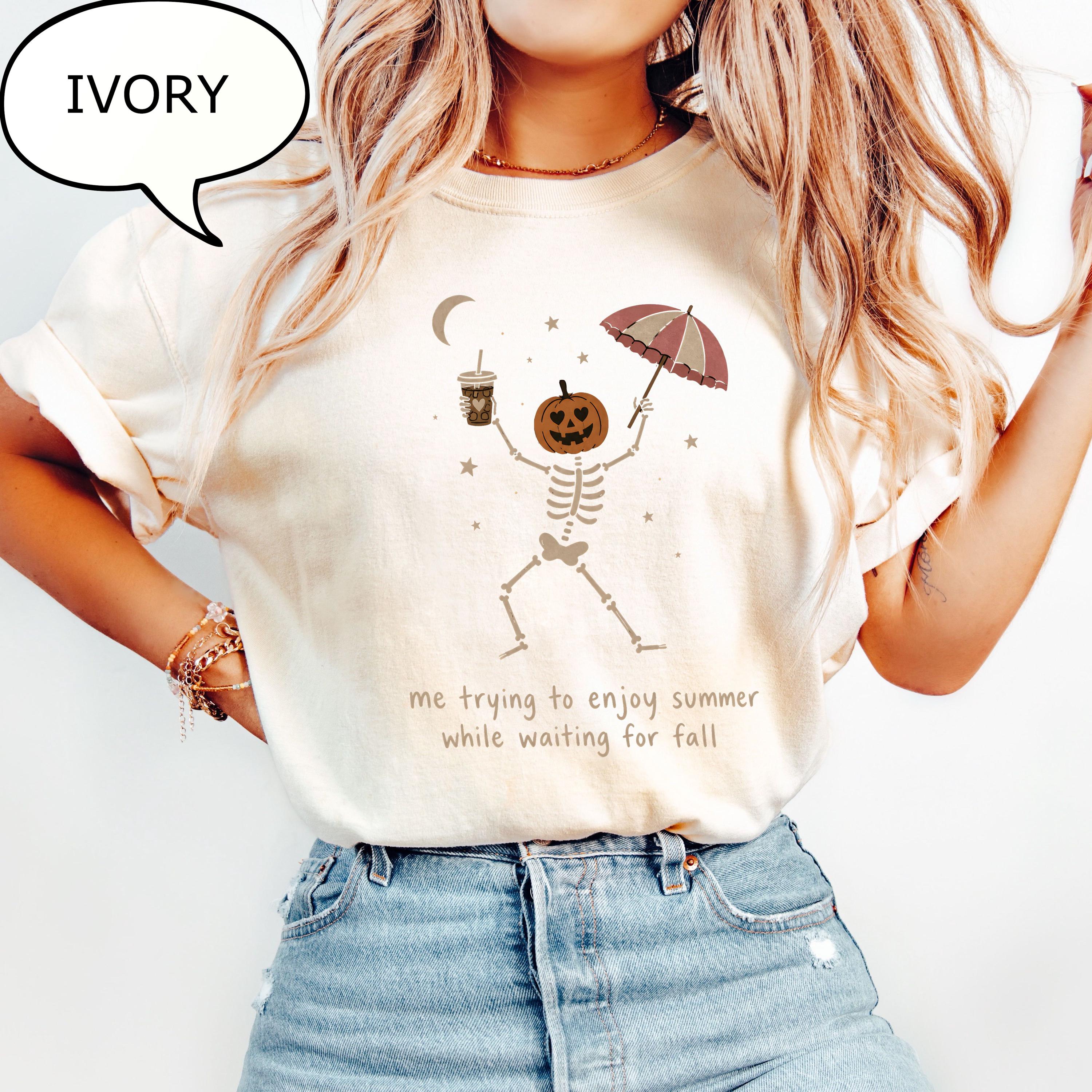 Comfort Colors® Me trying to enjoy summer while waiting for fall T-Shirt, Dancing Skeleton Shirt, Pumpkin Skeleton Tee