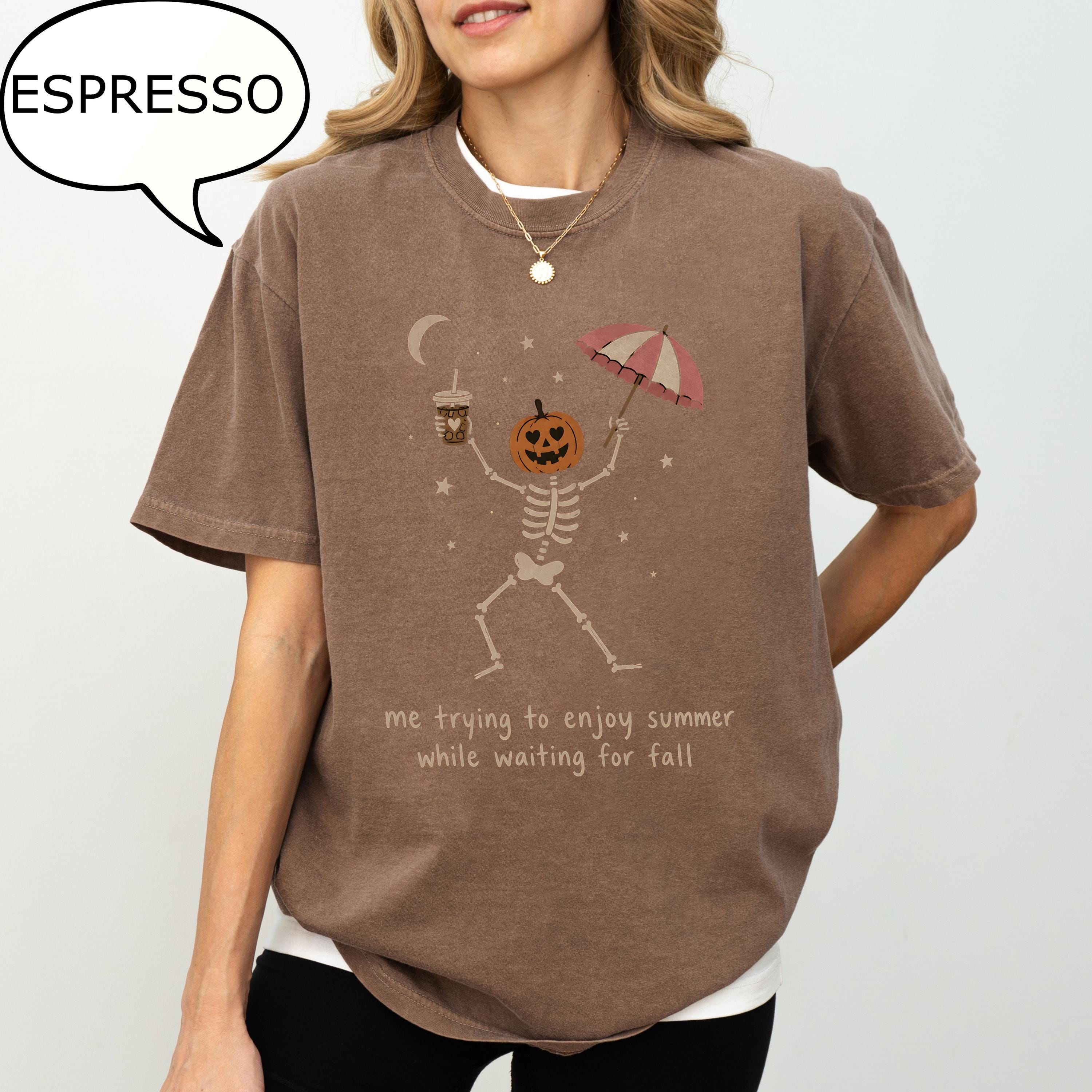 Comfort Colors® Me trying to enjoy summer while waiting for fall T-Shirt, Dancing Skeleton Shirt, Pumpkin Skeleton Tee