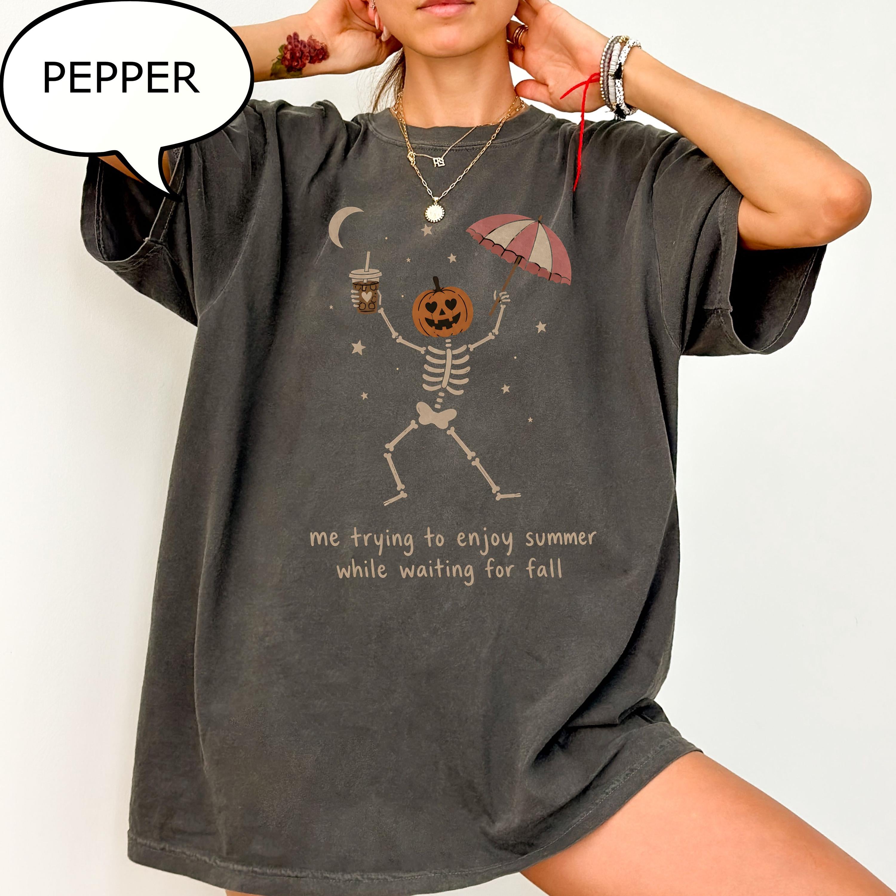 Comfort Colors® Me trying to enjoy summer while waiting for fall T-Shirt, Dancing Skeleton Shirt, Pumpkin Skeleton Tee