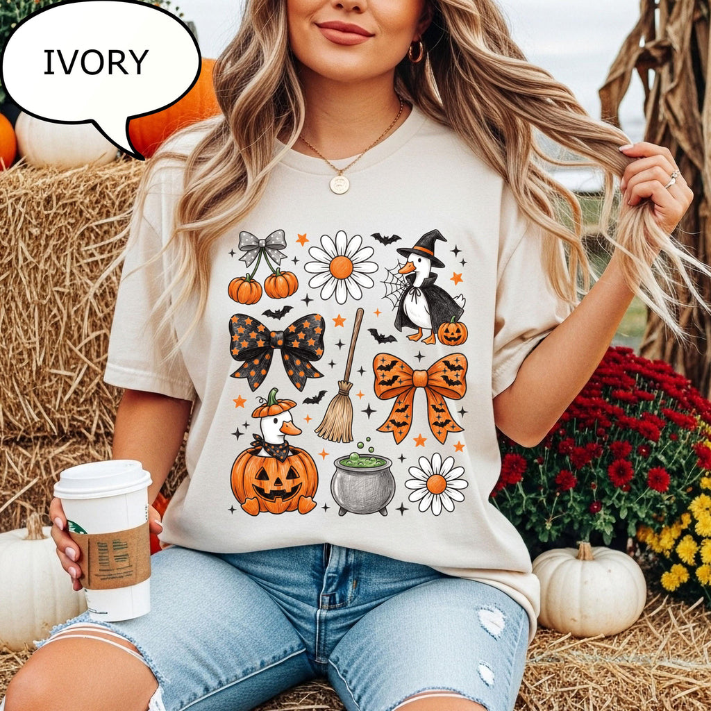 Comfort Colors® Coquette Bow Halloween T-Shirt, Spooky Duck Shirt, Farm Halloween Tee