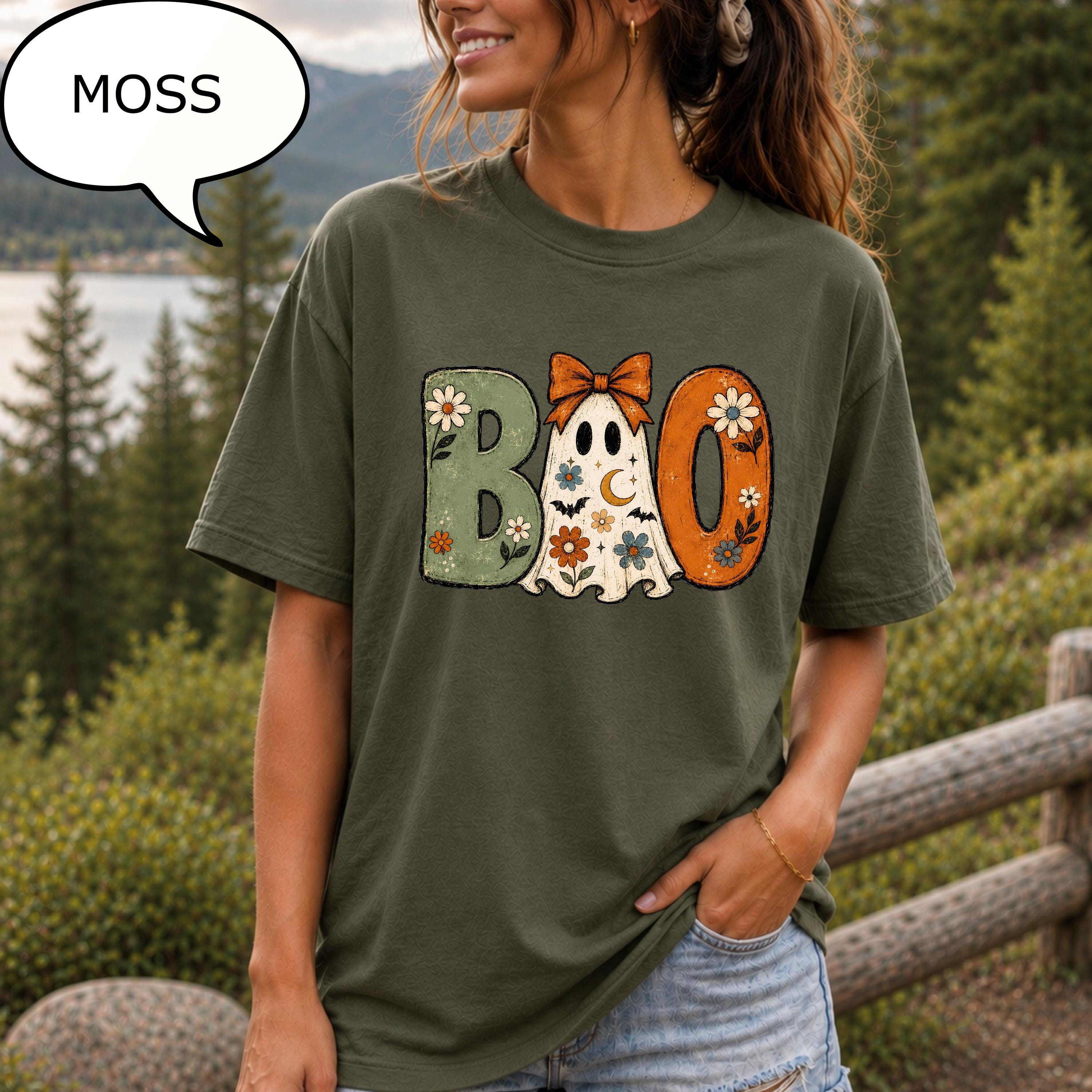 Comfort Colors® Boo Ghost T-Shirt, Girly Halloween Shirt, Boho Floral Shirt, Spooky Season Tee