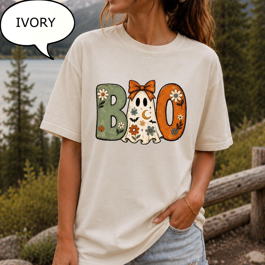 Comfort Colors® Boo Ghost T-Shirt, Girly Halloween Shirt, Boho Floral Shirt, Spooky Season Tee