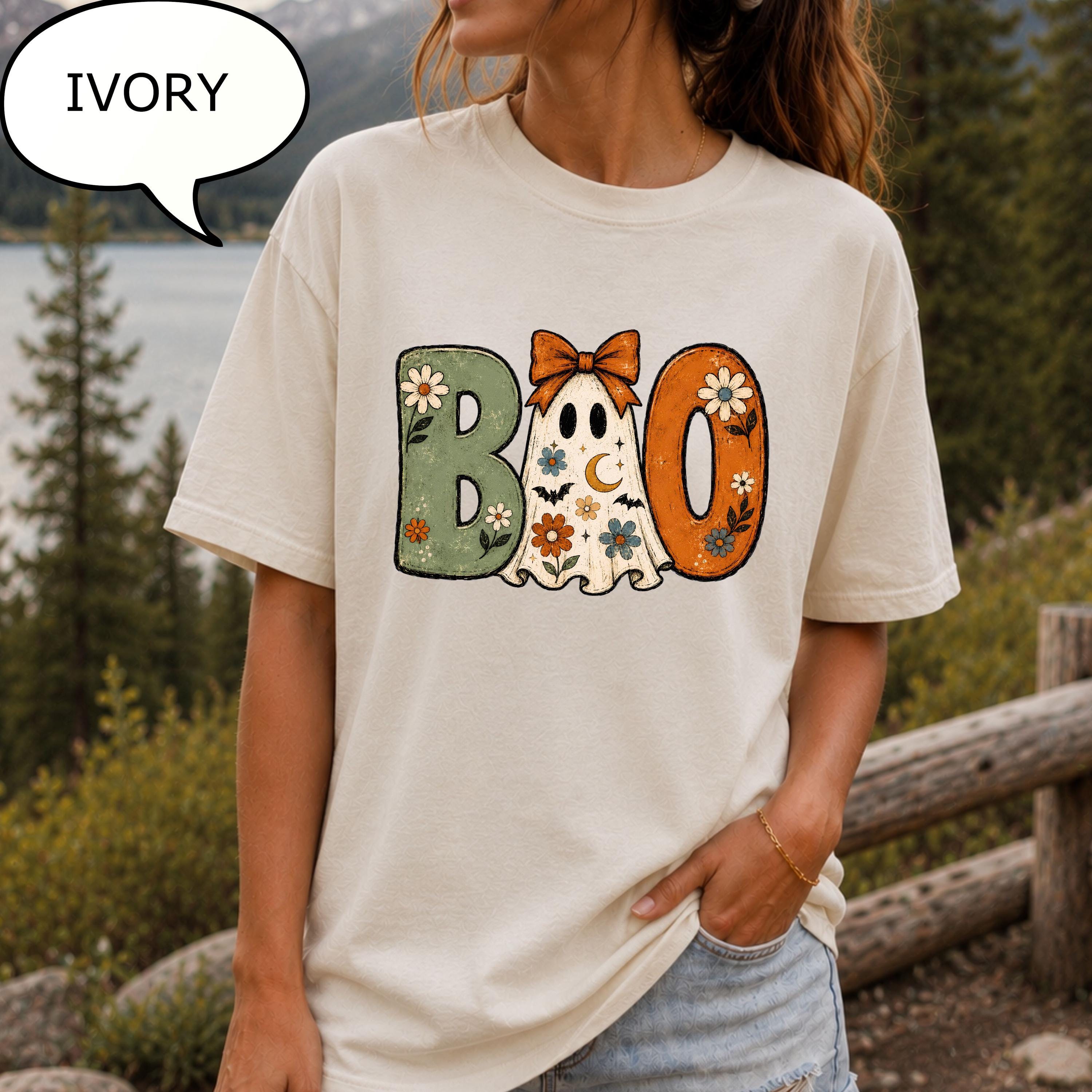 Comfort Colors® Boo Ghost T-Shirt, Girly Halloween Shirt, Boho Floral Shirt, Spooky Season Tee
