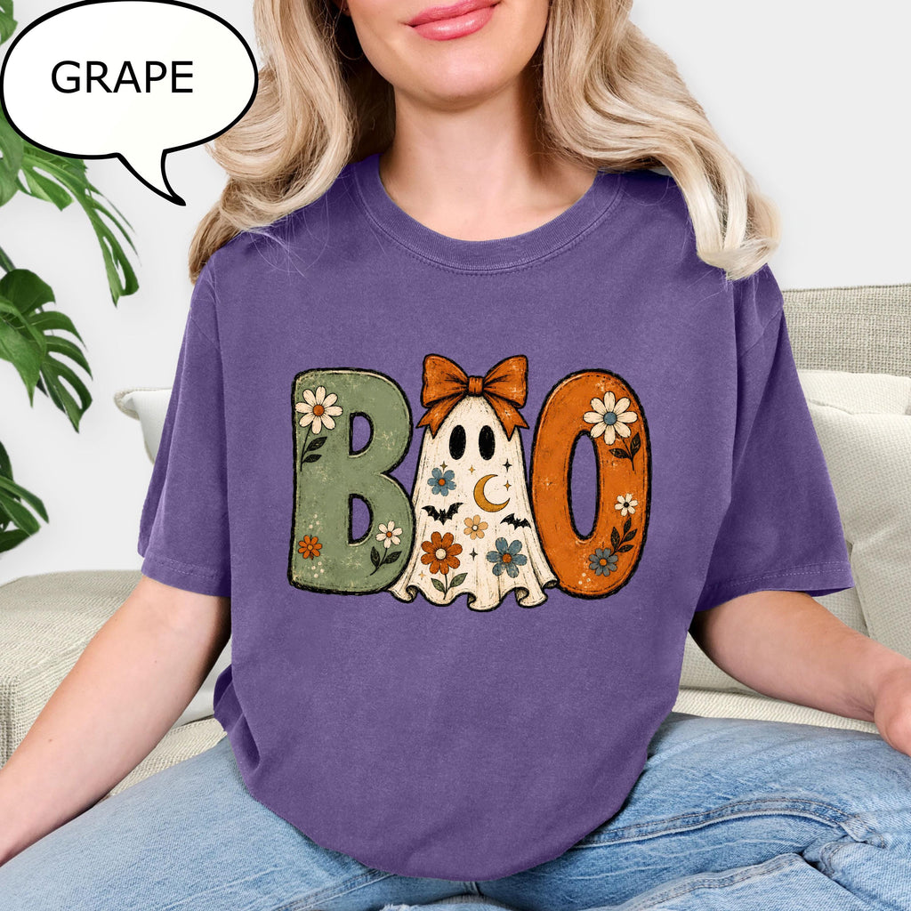Comfort Colors® Boo Ghost T-Shirt, Girly Halloween Shirt, Boho Floral Shirt, Spooky Season Tee