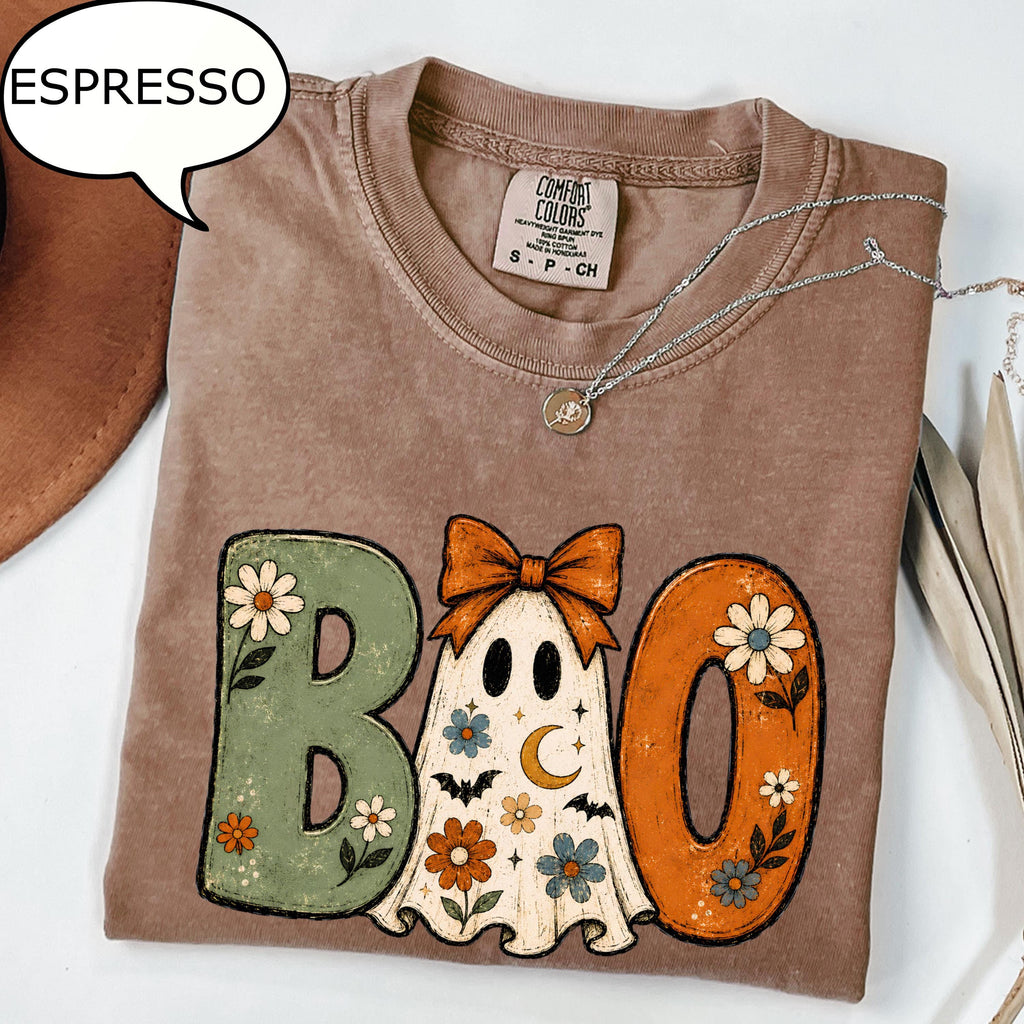 Comfort Colors® Boo Ghost T-Shirt, Girly Halloween Shirt, Boho Floral Shirt, Spooky Season Tee