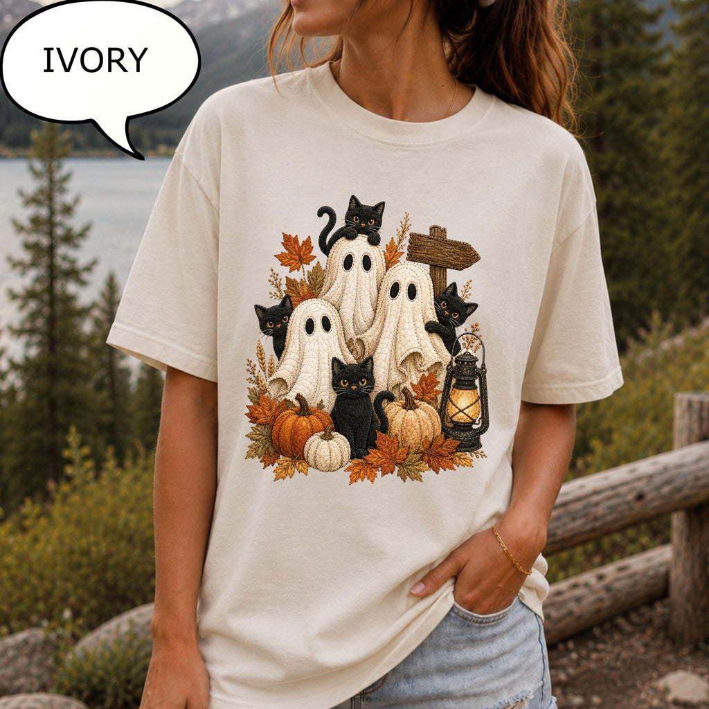 Comfort Colors® Ghost Cat T-Shirt, Autumn Ghost Shirt, Halloween Shirt, Spooky Cat Tee