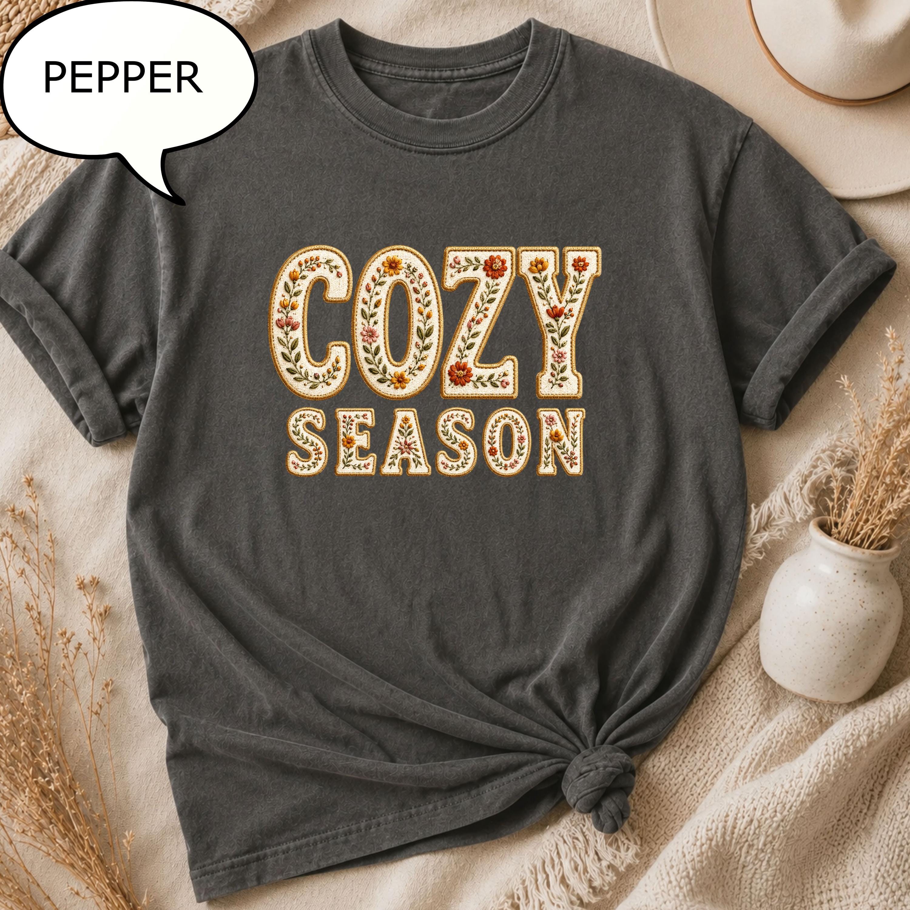 Comfort Colors® Faux Embroidered Cozy Season Shirt, Floral Autumn Shirt, Fall Season Shirt