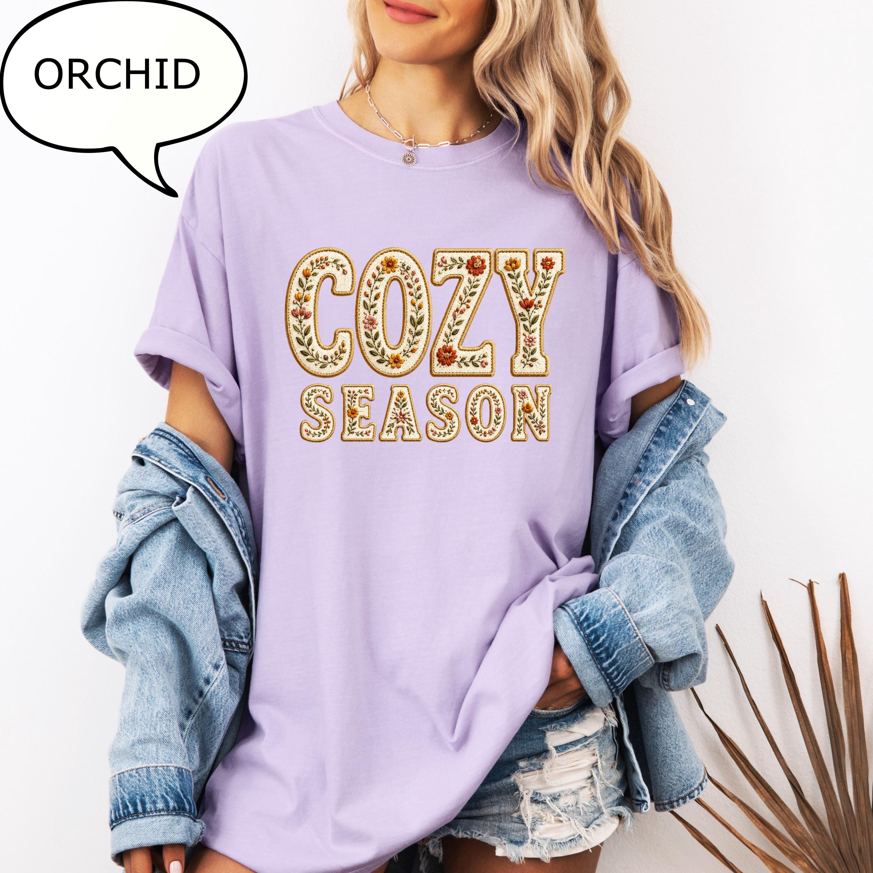 Comfort Colors® Faux Embroidered Cozy Season Shirt, Floral Autumn Shirt, Fall Season Shirt