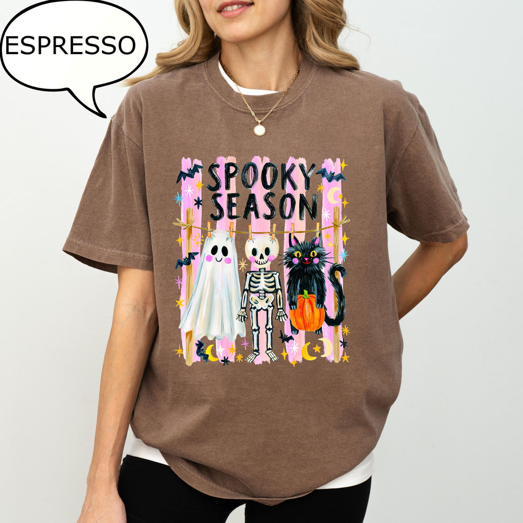 Comfort Colors® Spooky Season T-Shirt, Halloween Ghost And Cat Shirt, Skeleton Shirt