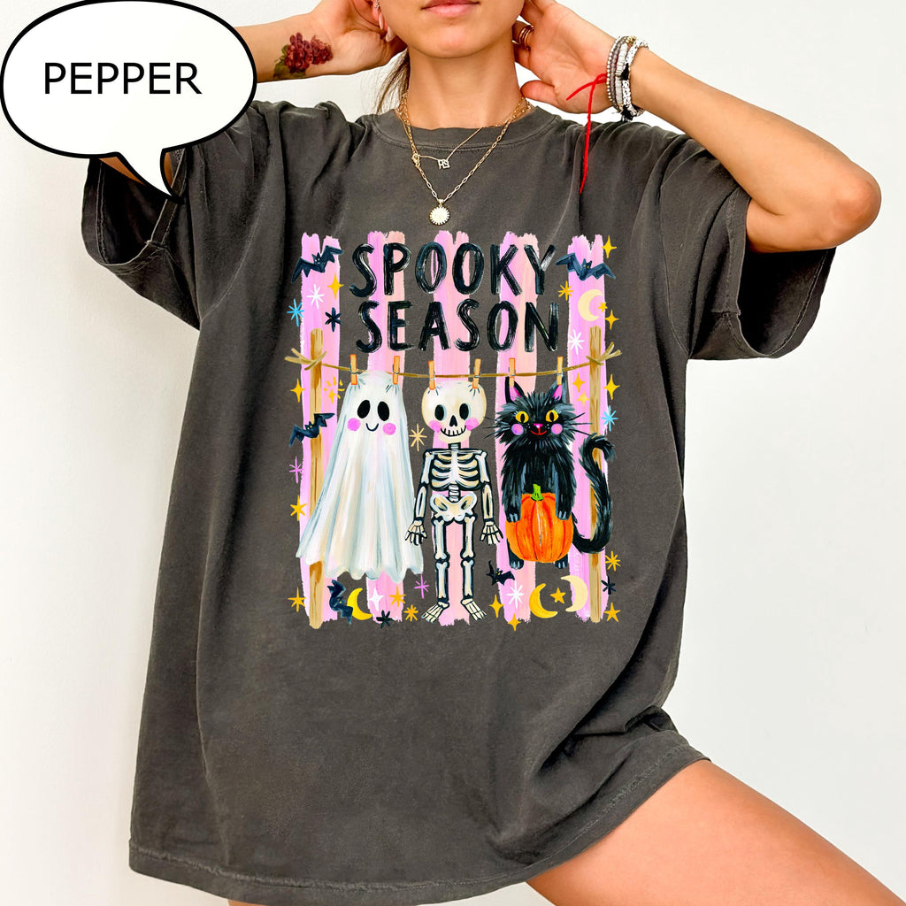 Comfort Colors® Spooky Season T-Shirt, Halloween Ghost And Cat Shirt, Skeleton Shirt