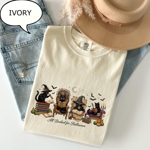 Comfort Colors® All Booked For Halloween T-Shirt, Cat Reading Book Shirt, Teacher Halloween Tee