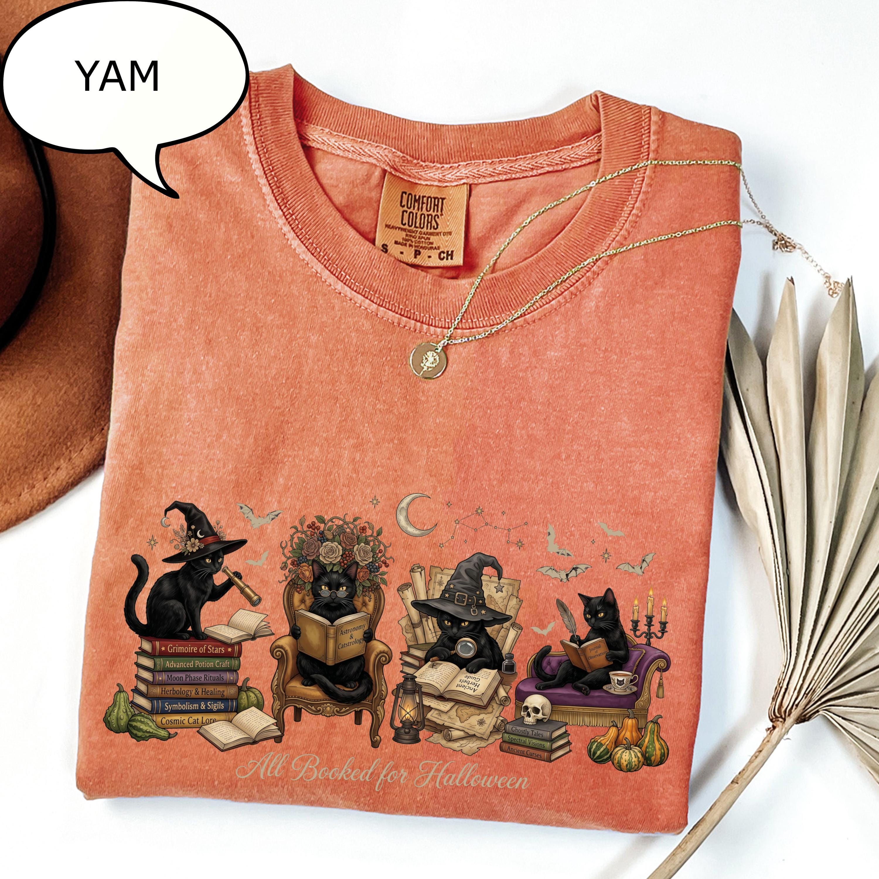 Comfort Colors® All Booked For Halloween T-Shirt, Cat Reading Book Shirt, Teacher Halloween Tee