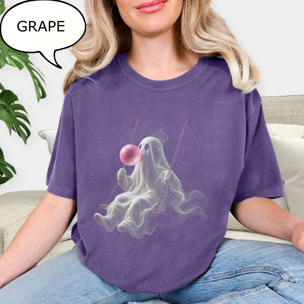 Comfort Colors® Ghost Swinging T-Shirt, Pink Bubble Halloween Tee, Spooky Ghost Shirt