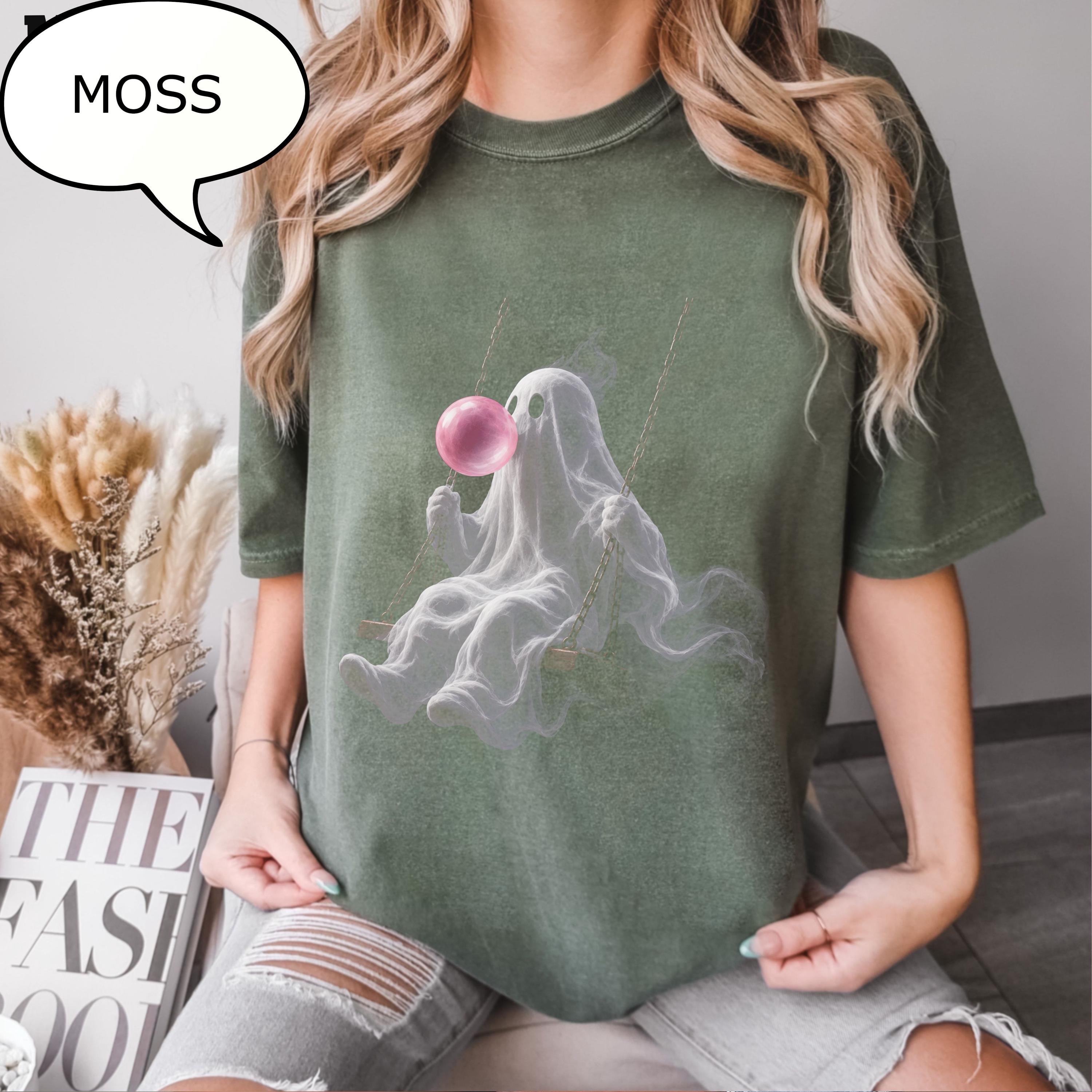Comfort Colors® Ghost Swinging T-Shirt, Pink Bubble Halloween Tee, Spooky Ghost Shirt