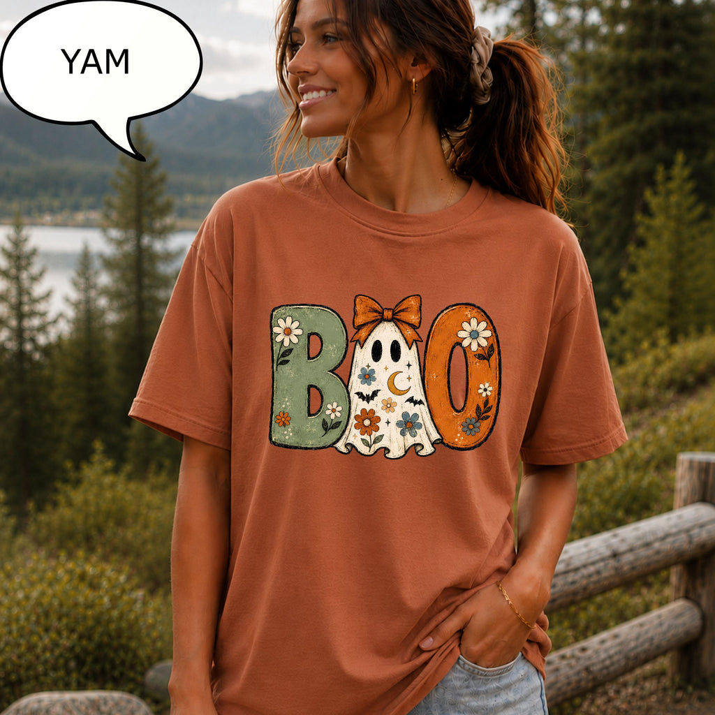 Comfort Colors® Boo Ghost T-Shirt, Girly Halloween Shirt, Boho Floral Shirt, Spooky Season Tee