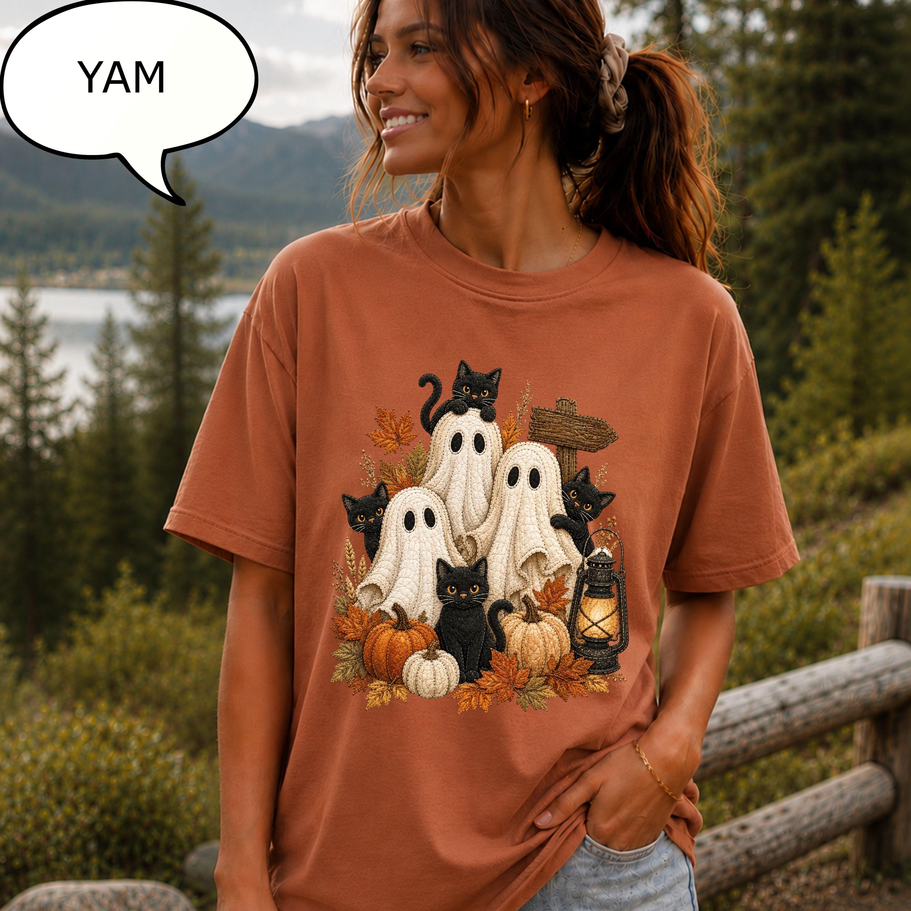 Comfort Colors® Ghost Cat T-Shirt, Autumn Ghost Shirt, Halloween Shirt, Spooky Cat Tee
