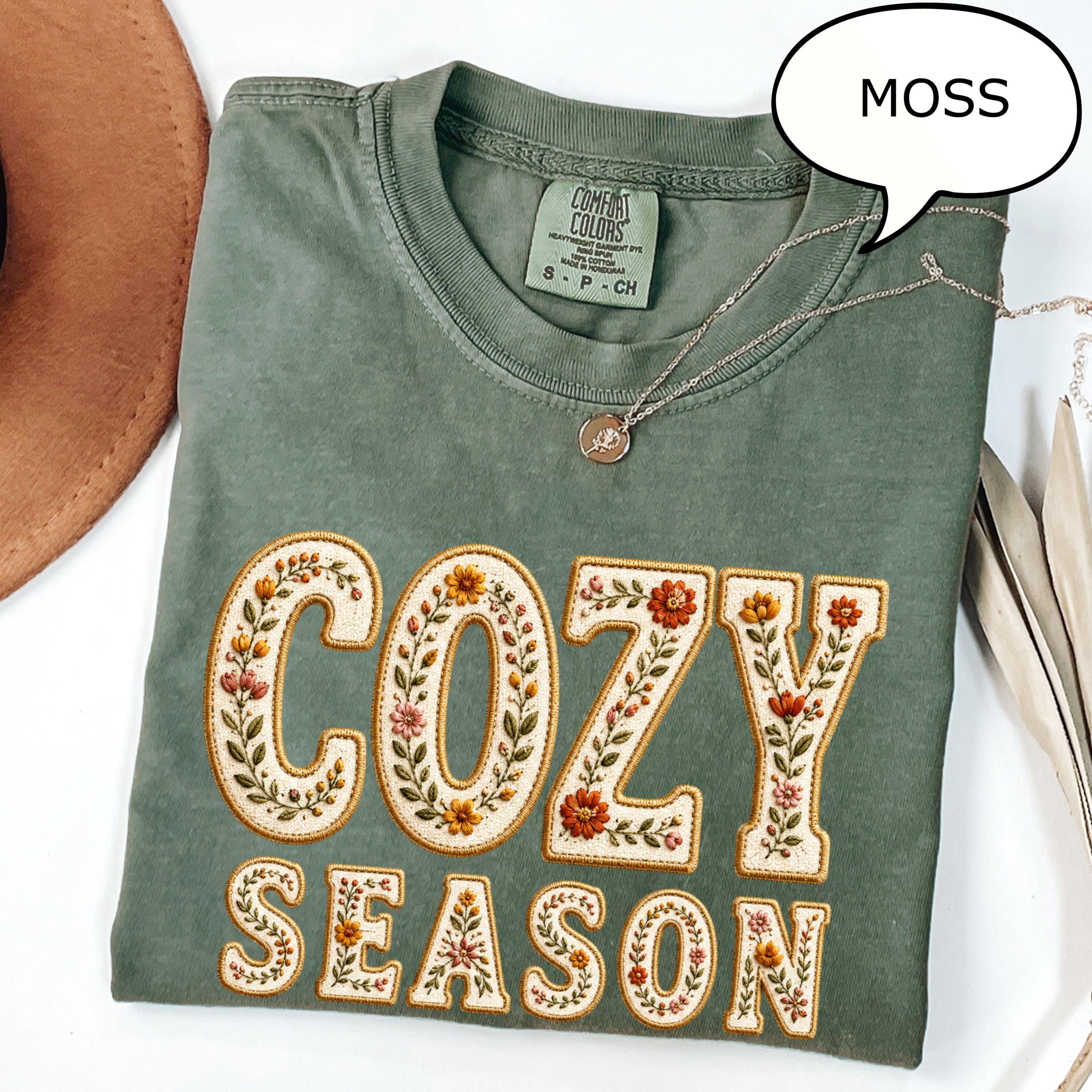 Comfort Colors® Faux Embroidered Cozy Season Shirt, Floral Autumn Shirt, Fall Season Shirt