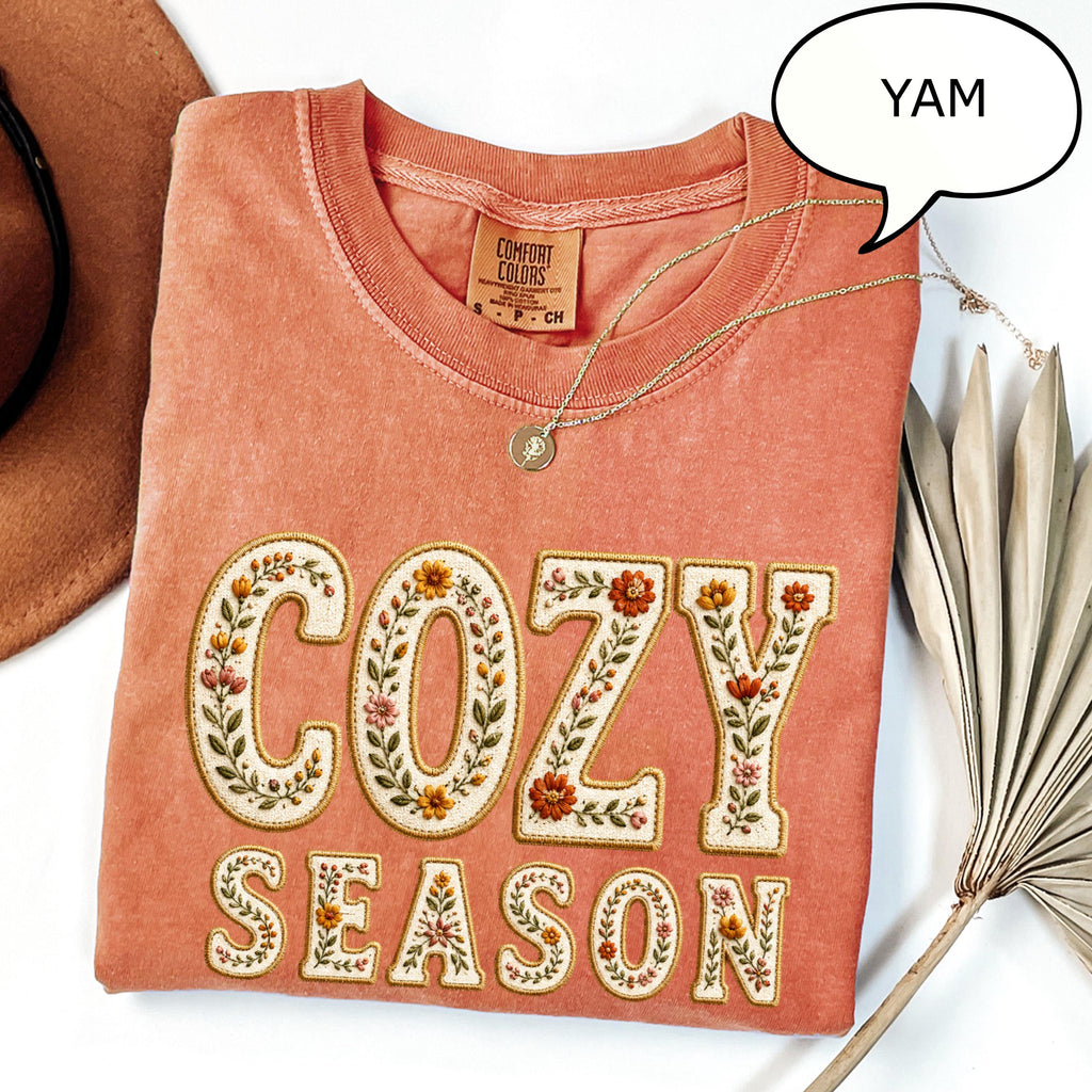 Comfort Colors® Faux Embroidered Cozy Season Shirt, Floral Autumn Shirt, Fall Season Shirt