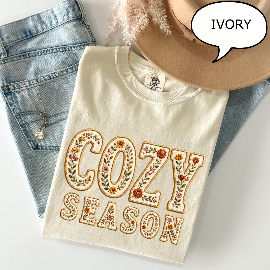 Comfort Colors® Faux Embroidered Cozy Season Shirt, Floral Autumn Shirt, Fall Season Shirt